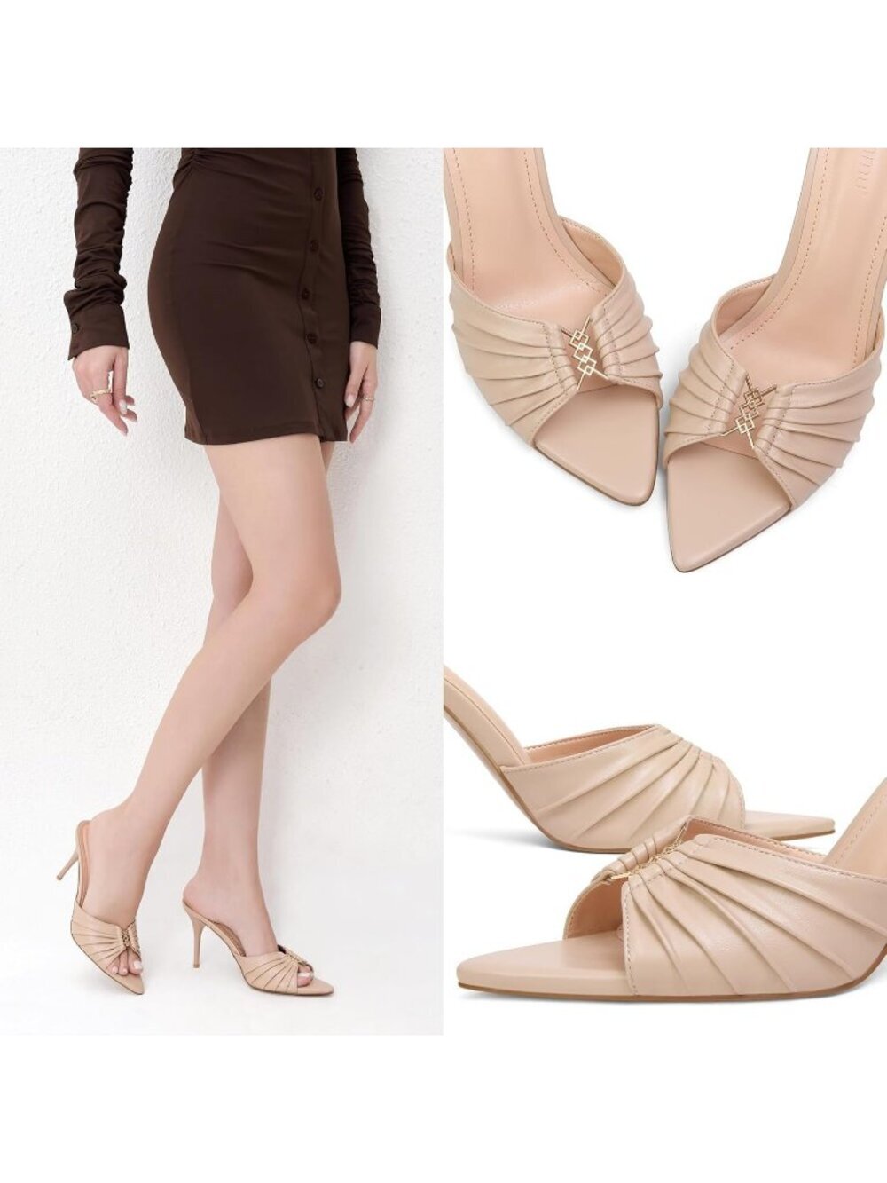 Women's Nude Faux Leather Pointed Toe Stylish Elegant Comfortable High Heel - Picture 2 of 6